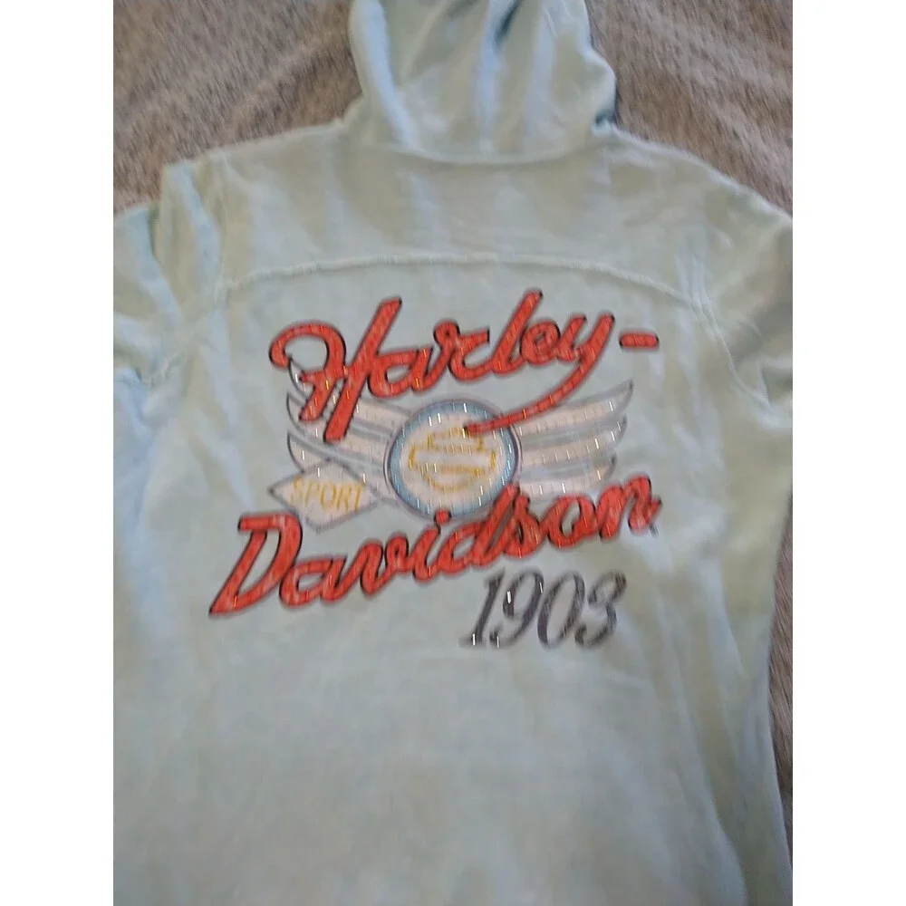Harley-Davidson Rhinestone Hooded Jacket Blue Medium Motorcycle Y2K - Picture 14 of 15